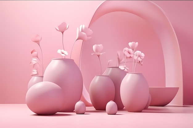 A pink background with a bunch of vases with flowers on it.