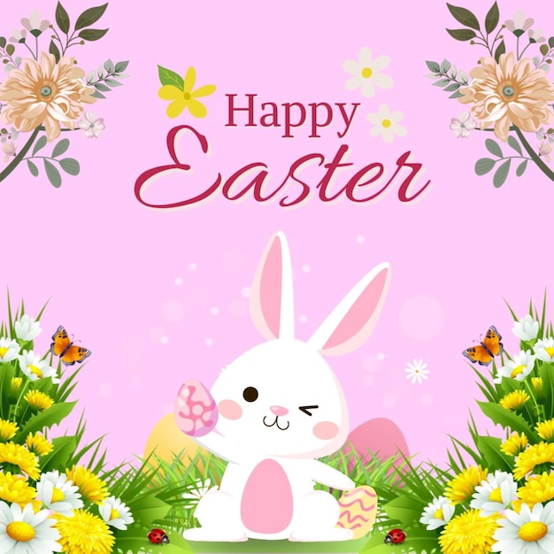 a pink background with a bunny and flowers and with a bunny on it