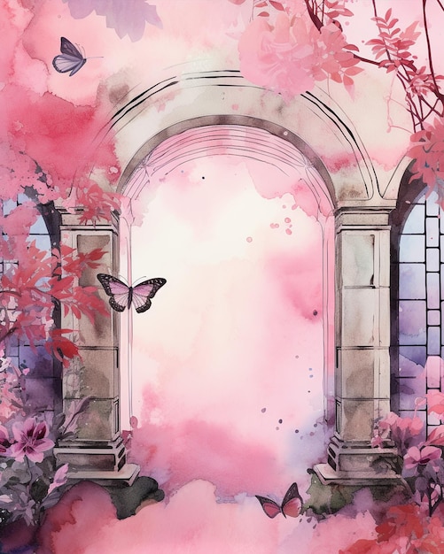 Pink Background with Butterflies and Flowers