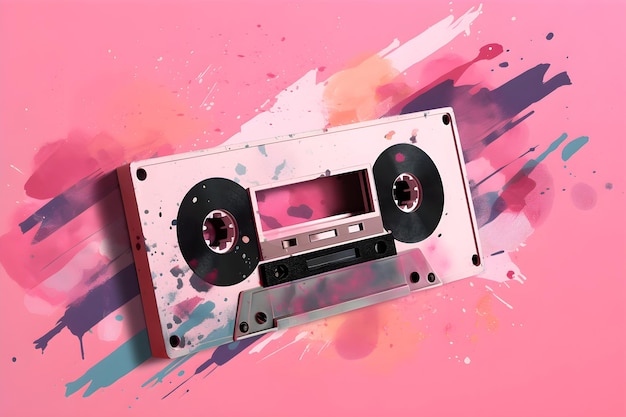 A pink background with a cassette tape