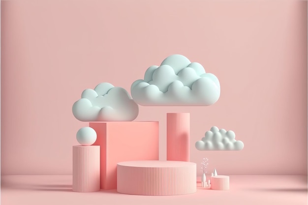 A pink background with clouds and a bottle of wine.