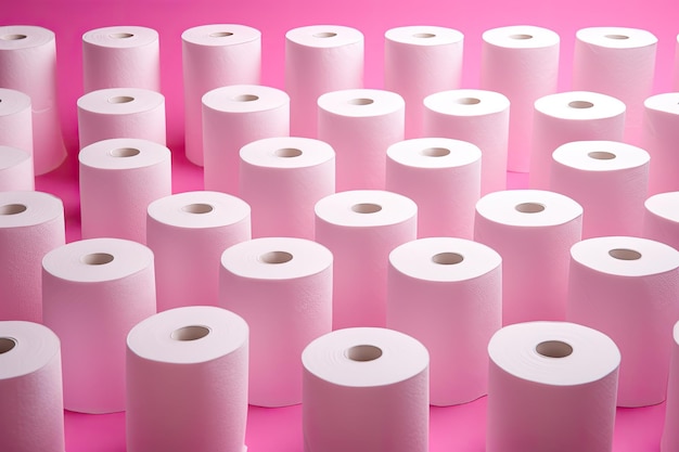 Pink background with a creative and minimalistic pattern featuring rolls of white toilet paper