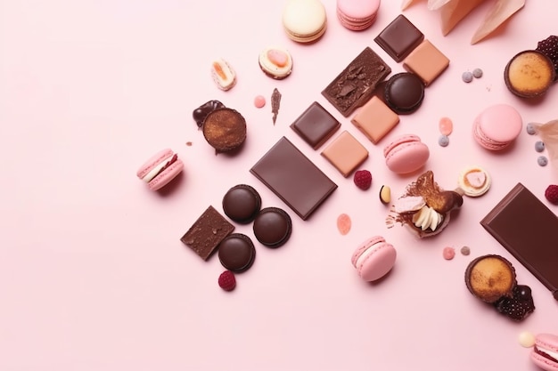Розовый фон с разными конфетами, и один из них из шоколада компании.