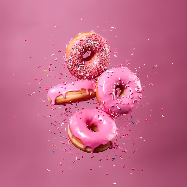 A pink background with donuts and sprinkles on it.