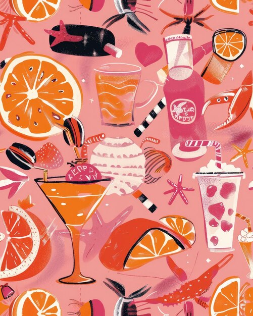 a pink background with a drink and a drink in the middle