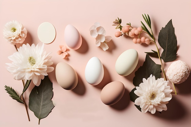 A pink background with eggs and flowers on it