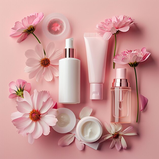 a pink background with flowers and a bottle of perfume