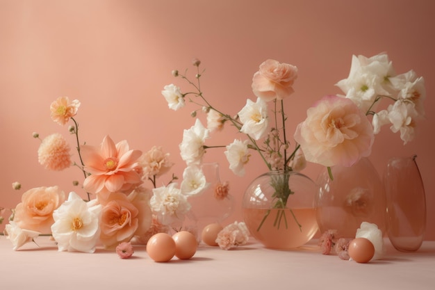 A pink background with flowers and eggs on it.