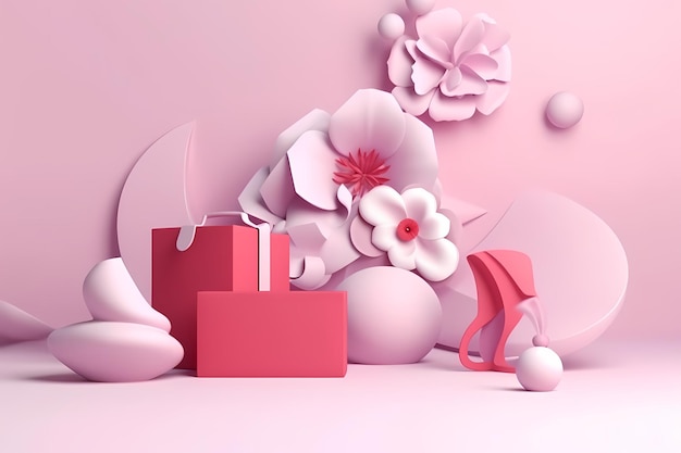 A pink background with flowers and a gift bag.