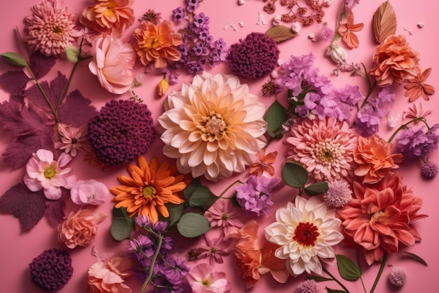 A pink background with flowers on it and a purple flower on the right.