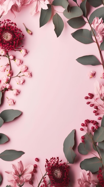 A pink background with flowers and leaves on it