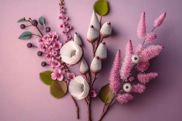 A pink background with flowers and leaves on it