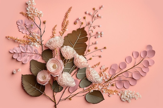 Photo a pink background with flowers and leaves on it