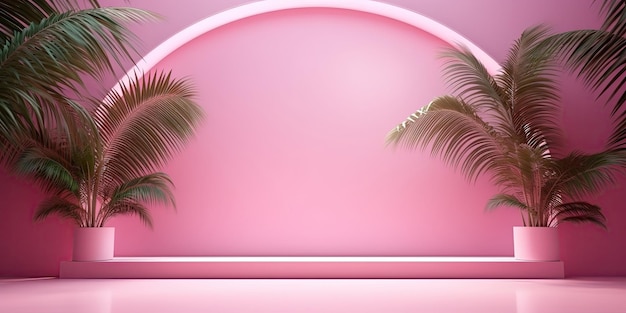 Pink background with flowers and palm leaves studio for product presentation