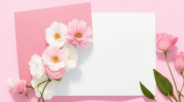 Photo a pink background with flowers and a white card floral arrangement with copy space