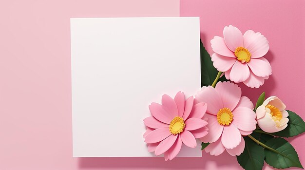 Foto uno sfondo rosa con fiori e una carta bianca arranco floreale con spazio per la copia