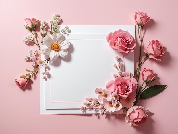 A pink background with flowers and a white card