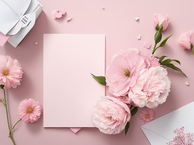 Розовый фон с цветами и белая карточка