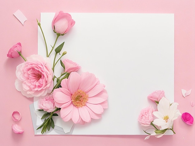 꽃과 흰색 카드가 있는 분홍색 배경