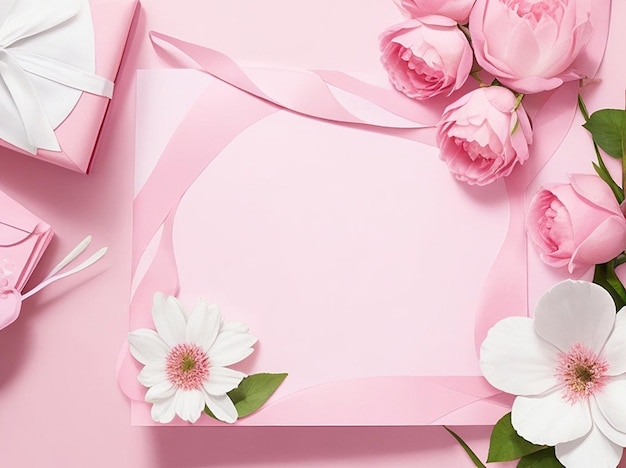 A pink background with flowers and a white card