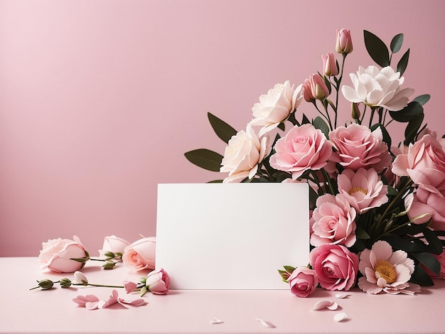 A pink background with flowers and a white card