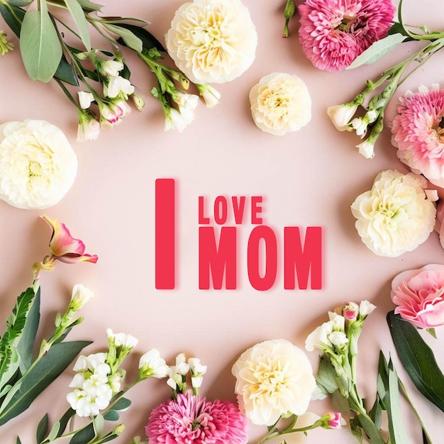 A pink background with flowers and the word love i mom