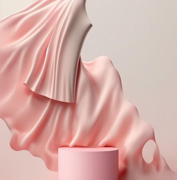 A pink background with a flowing fabric and a pink cake stand