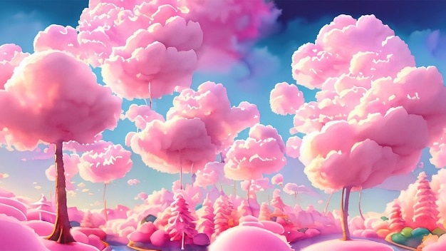 pink background with fluffy cotton candy clouds floating in the sky