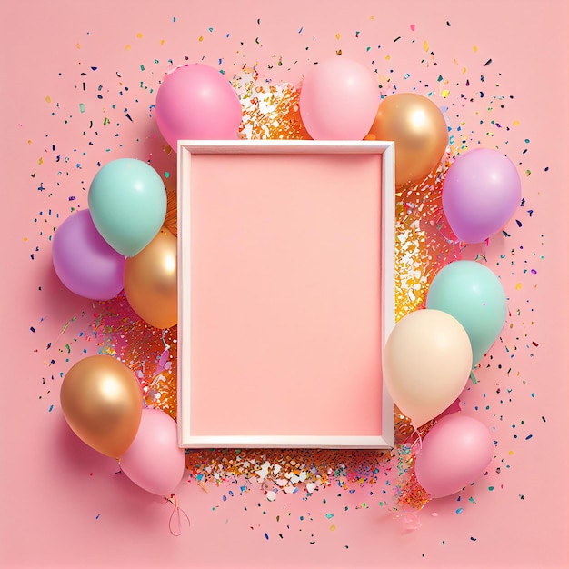 A pink background with a frame and confetti on it.