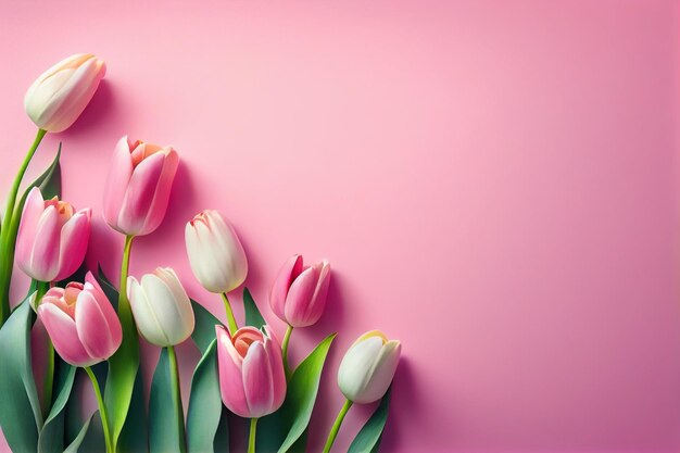 Pink background with fresh tulip flowersgenerative ai