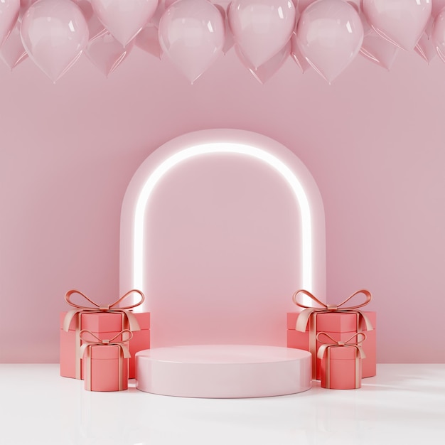 Photo pink background with gift box and floating balloons