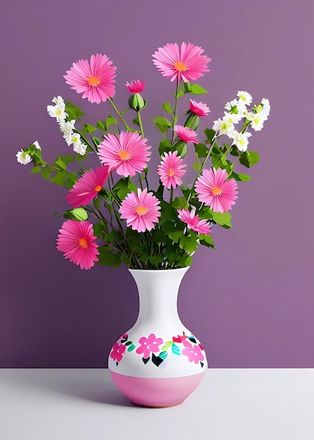 Foto uno sfondo rosa con un vaso di fiori in vetro