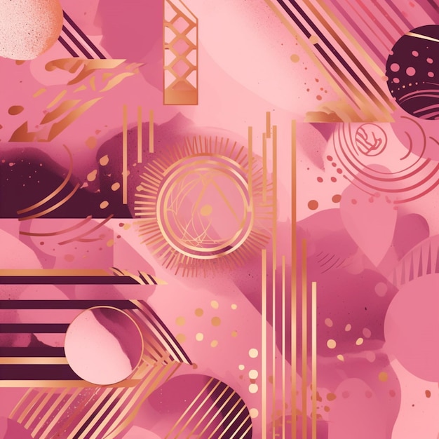 A pink background with gold and pink shapes and a letter h.