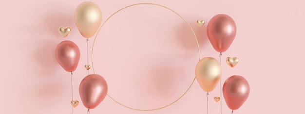 Pink background with golden hearts balloons and copy space Valentine's Day Mother's Day Wedding backdrop Empty space for advertising text invitation logo Banner 3D render