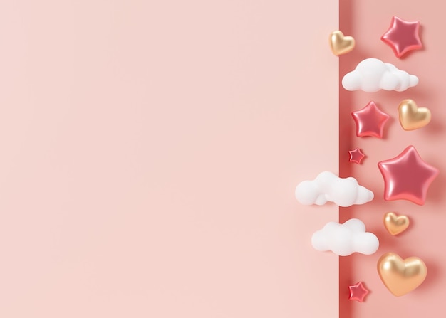골든 하트 별 흰 구름과 복사 공간이 있는 분홍색 배경 텍스트를 위한 빈 공간이 있는 소녀 배경입니다. 베이비 샤워 또는 생일 초대 파티 여자 아기 탄생 공고 3D
