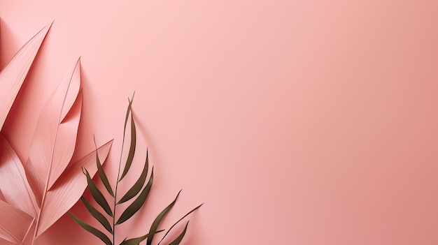 Pink background with a green leaf and a pink background