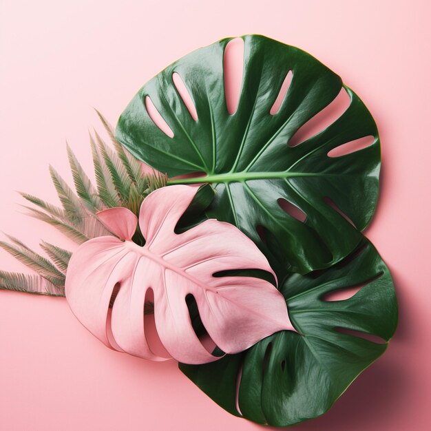 Photo a pink background with green leaves and a leaf that says'tropical'on it