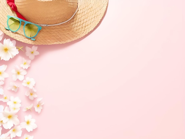 Photo a pink background with a hat and sunglasses