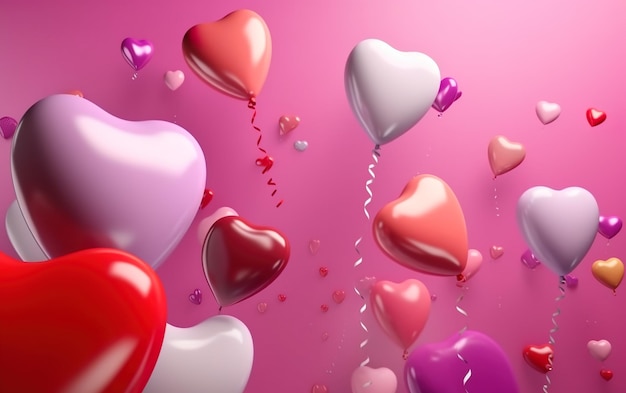 A pink background with heart shaped balloons and the words love on it