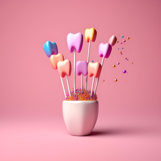 A pink background with heart shaped lollipops and a small cup of candy.