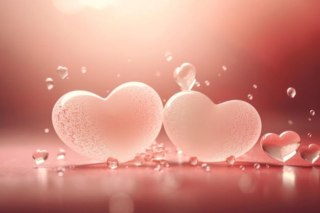 A pink background with a heart shaped water droplets and the word love on it.