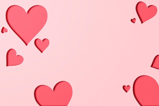 Pink background with hearts and copy space for Valentine's day. Greeting card minimal design.