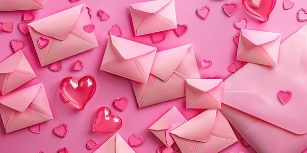 a pink background with hearts and envelopes