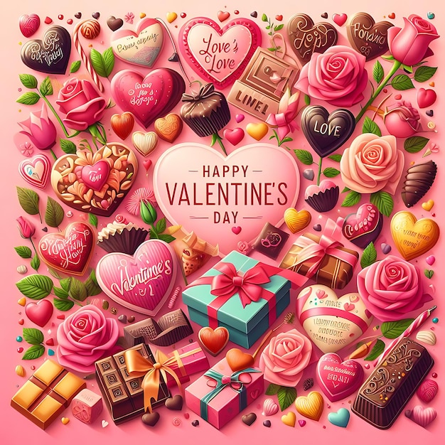 Foto uno sfondo rosa con una scatola di cioccolatini a forma di cuore e una scatoletta di cioccolate per il giorno di san valentino