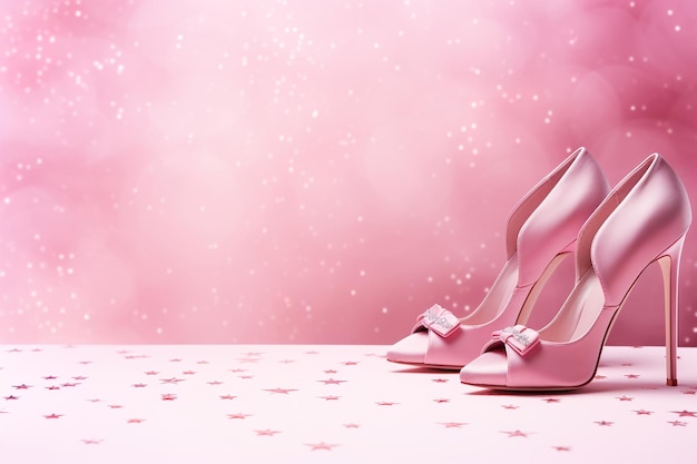 Розовый фон с женскими туфлями на высоком каблуке. Женский день. Это фон для девочек с пустым пространством. Детский душ или приглашение на день рождения. Объявление о рождении девочки. Генеративный искусственный интеллект.