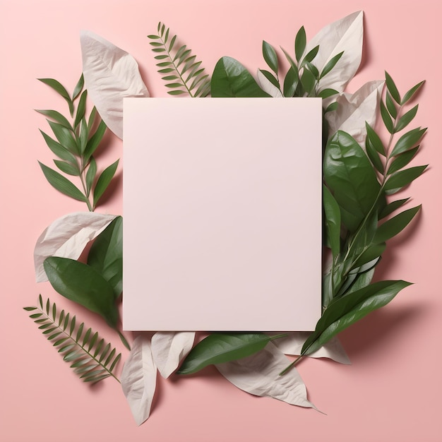 Photo a pink background with leaves and a square frame with the word tropical on it