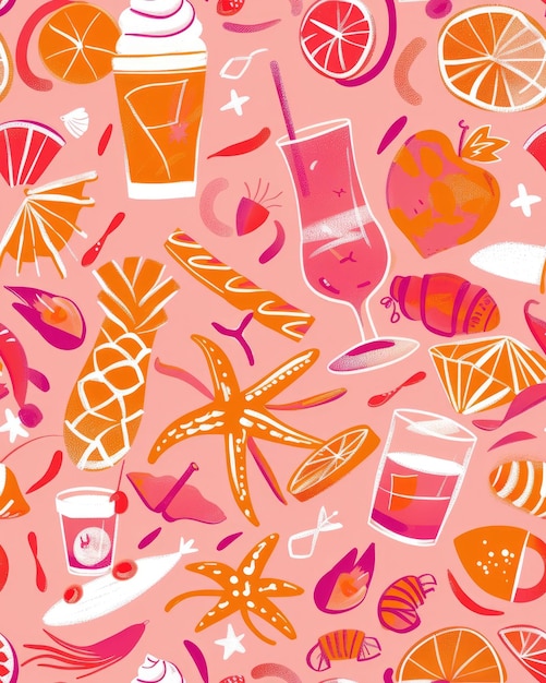 a pink background with a lot of different items including a bottle of cocktail and a glass of champa