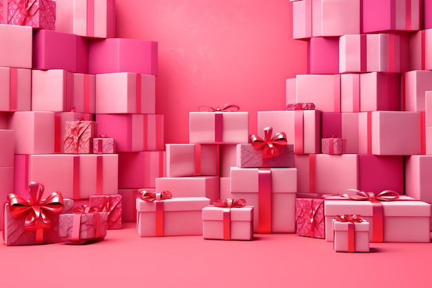 ピンクの背景に「愛しています」と書かれたものを含む多くのプレゼントが入っています