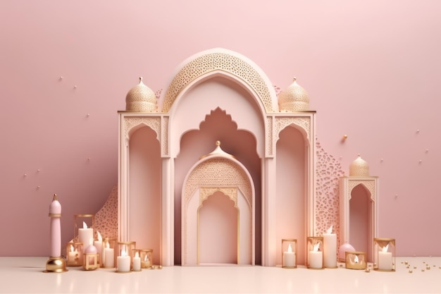 A pink background with a mosque and a pink background.