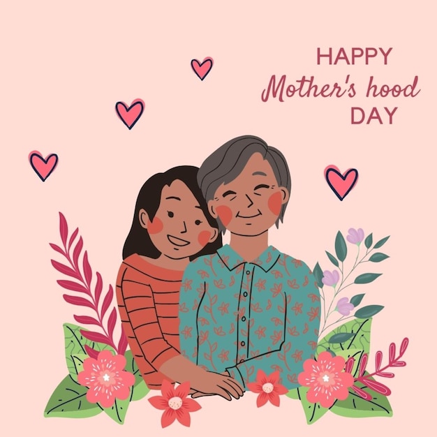 a pink background with a mother and her daughter